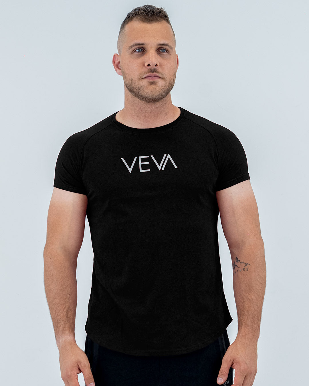 Mighty Black Fit T-Shirt front view, VEVAwear men's fitted cotton tee